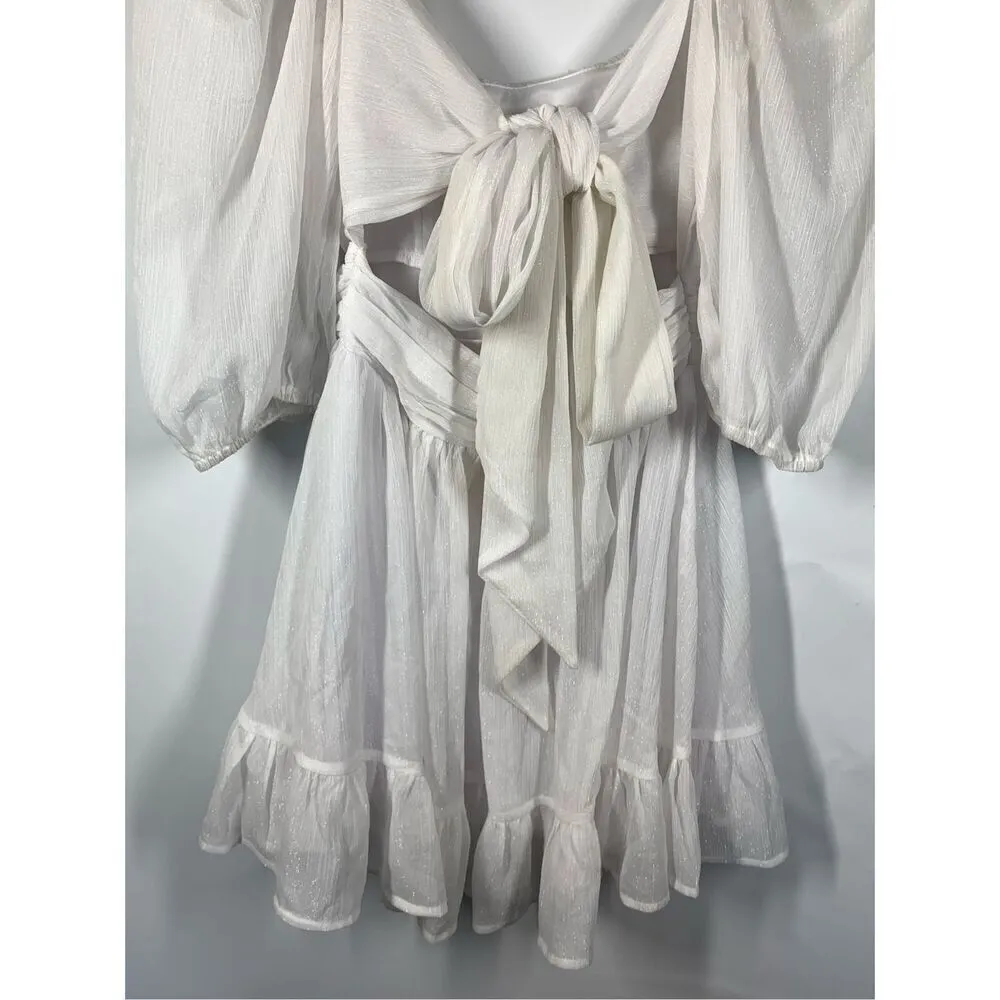 Lucy in the Sky Women's Shimmer Puff Sleeve Tie Back Mini Dress White Medium - Image 6