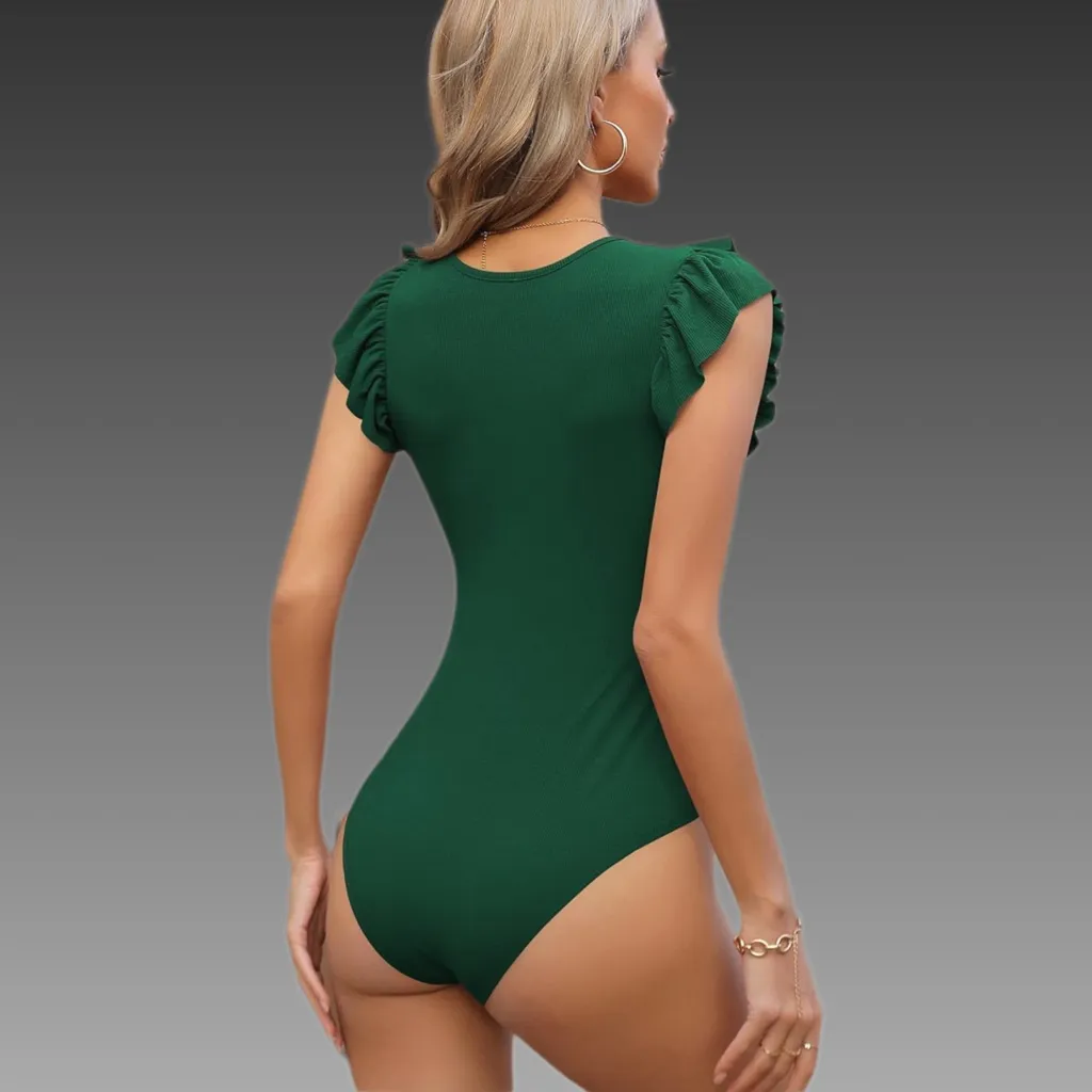 NWT Ruffle Flutter Sleeve Ribbed Casual Bodysuit Tops Sz Small Black - Image 4