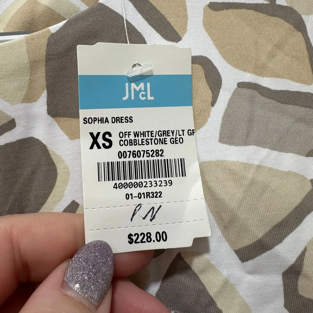 J‎ Mclaughlin Sophia Dress XS Cobblestone Geo Catalina Tan Knee NWT $228 Stretch - Image 3