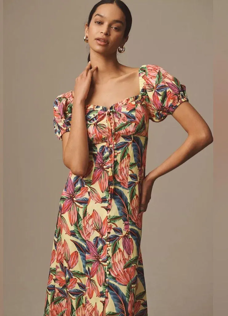 Farm Rio x Anthropologie Puff-Sleeve Sweetheart Linen Midi Dress - Image 3