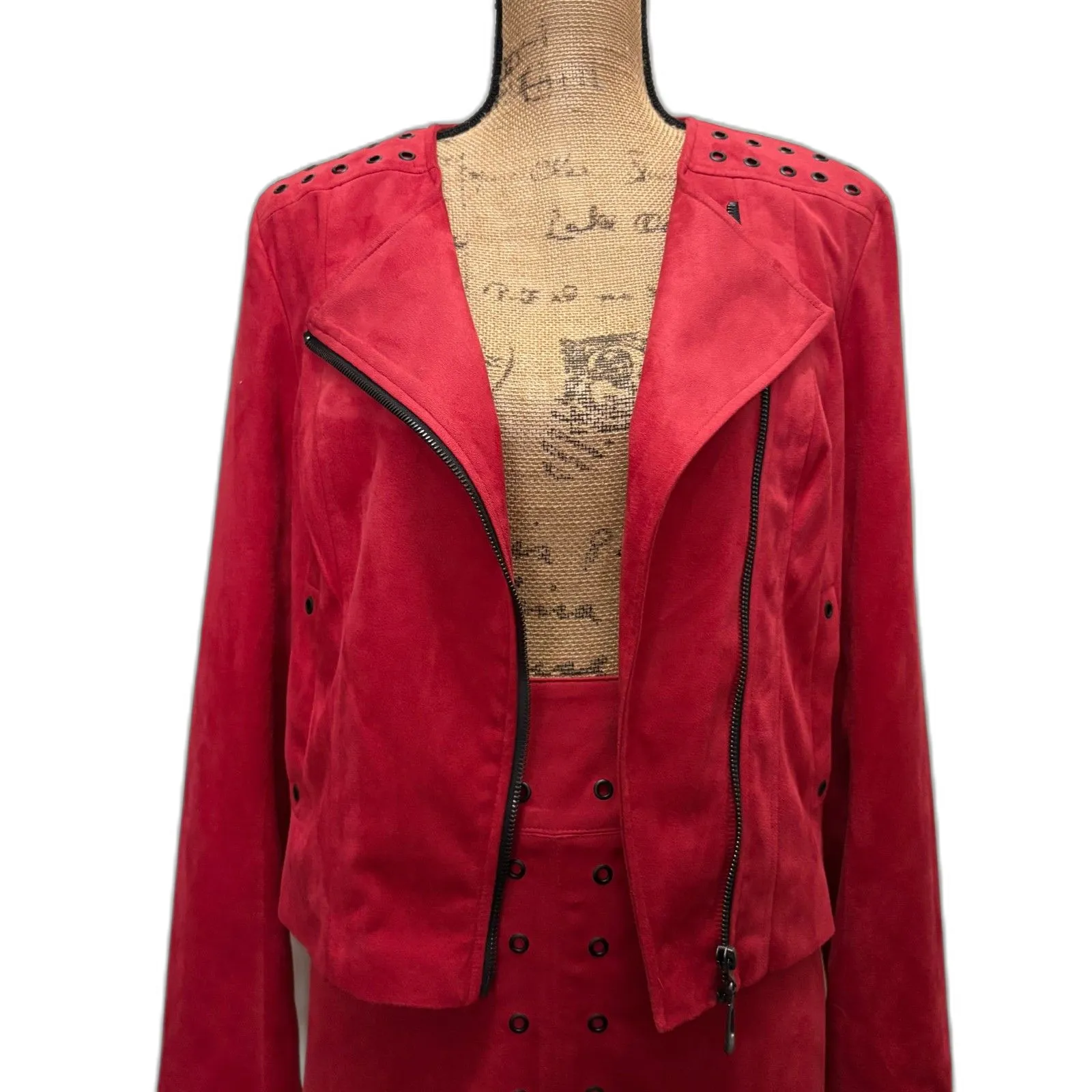 WD.NY Y2K Red Faux Suede Moto Jacket &‎ Skirt Set Edgy Business Wear Size Small - Image 2
