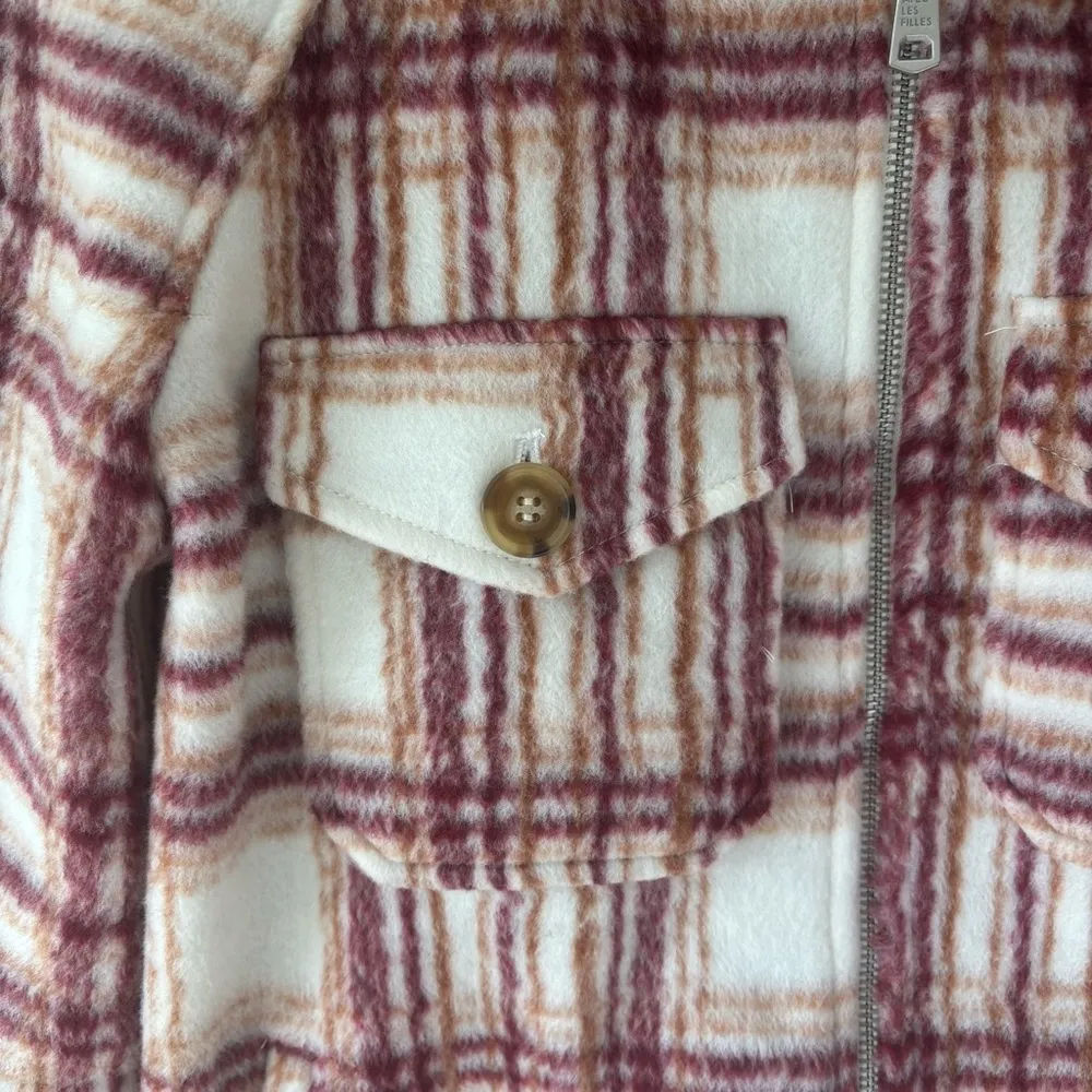 Avec Les Filles Plaid Zip Up Jacket Fleece White Pink Orange Shacket Cropped - Image 5