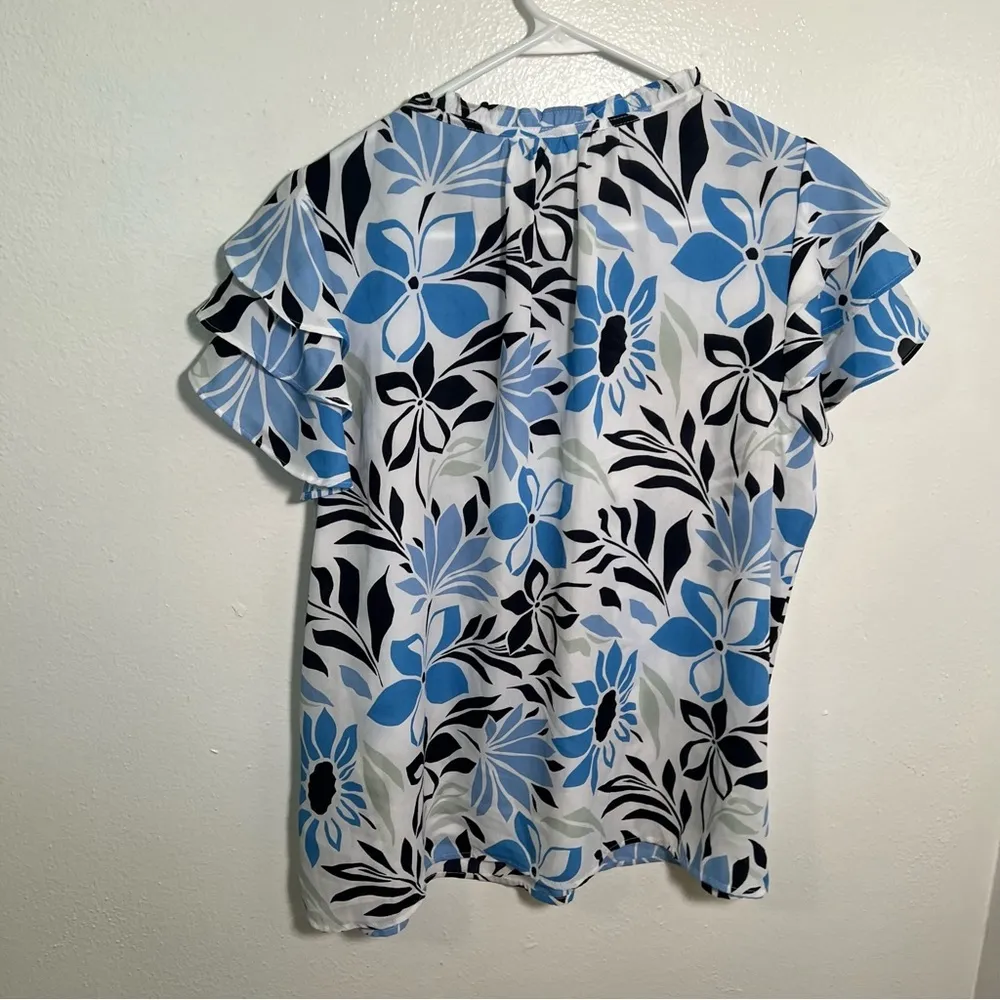 Liz Claiborne Blouse White Blue Black Floral - Image 6