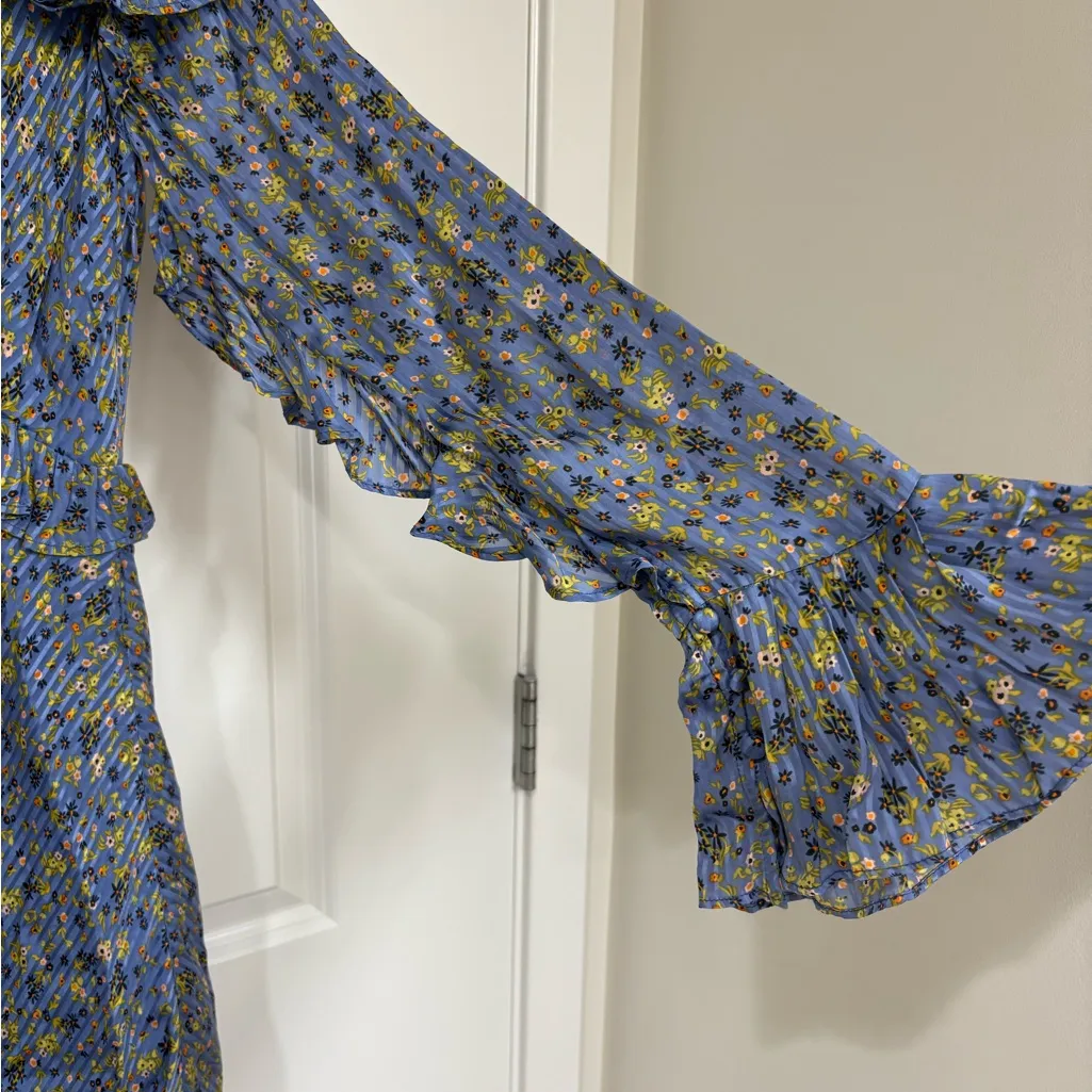 NWT Free People Blue Floral Ruffle Mini Dress Long Bell Sleeves Size 4 - Image 5