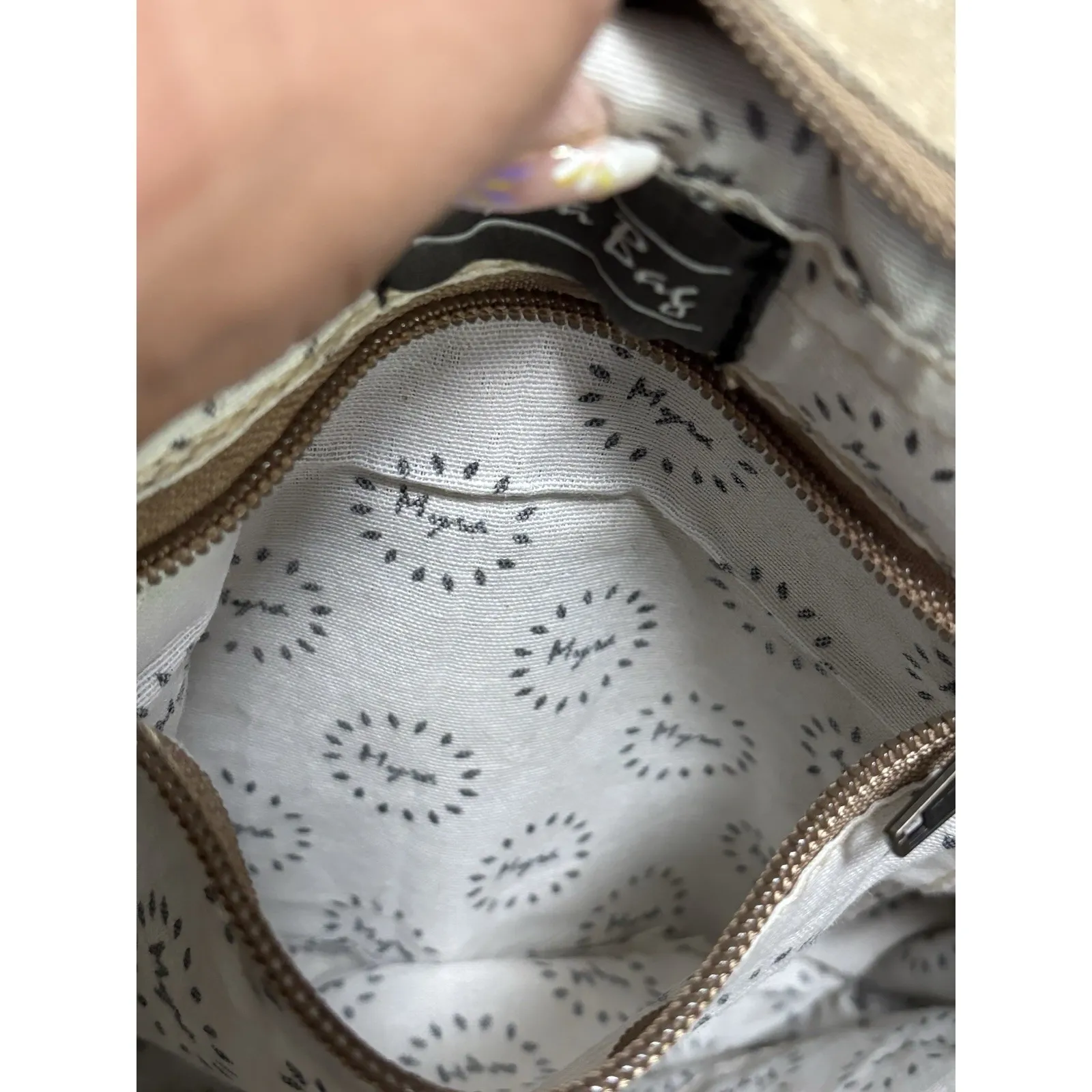 Myra Hair On Cowhide Leather Canvas Paisley Shoulder Bag Boho Gray/Tan‎ Tan - Image 10