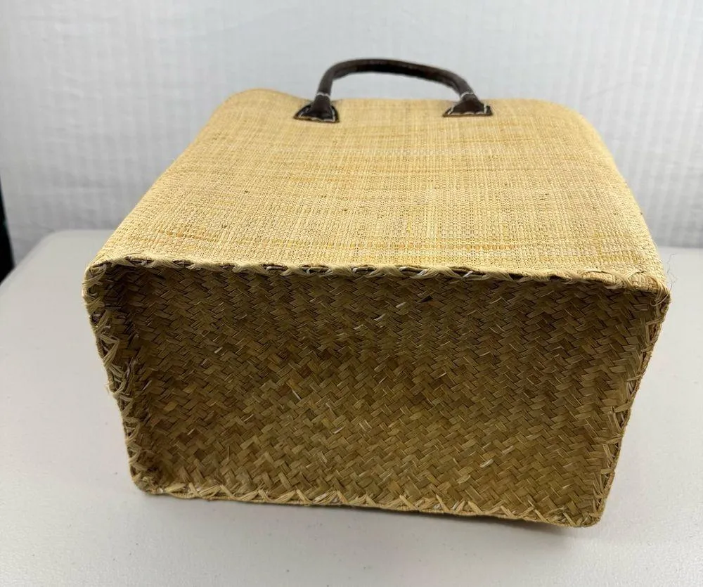 ONIGO Elegant Natural Woven Handmade French Basket Tan Tote Bag Leather Handles - Image 7