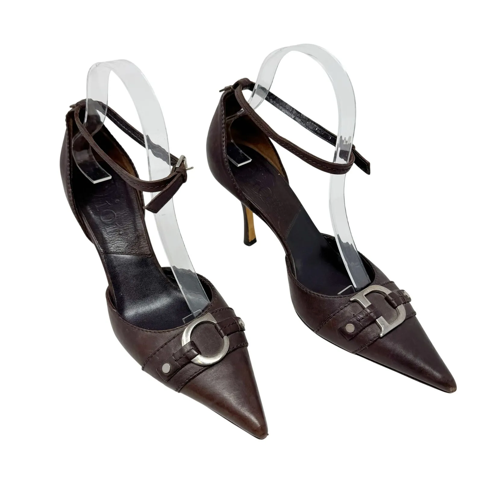 Christian Dior Vintage Brown Leather Pointed Toe Ankle Strap Heels EU 37 Italy - Image 2
