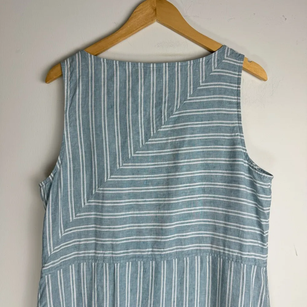 J. Jill Love Linen Midi Maxi Dress Sz Large Tall Blue White Stripe Slit Hem - Image 12