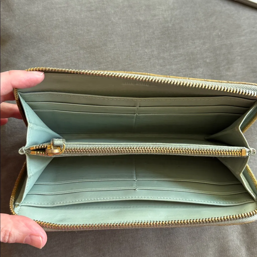 Miu Miu Metallic Gold Croc-Embossed Wallet with light blue interior. - Image 3