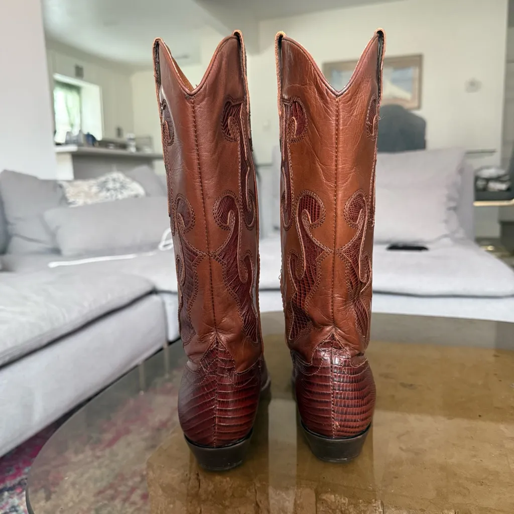 Vintage Nine West Romnee Lizard Pointed Toe Western Leather Boots in Brown 7.5 - Image 4