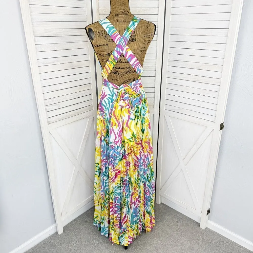 Milly Oria Waves of Zerbra Pleated Halter Maxi Dress Yellow Pink Multi Size 4 - Image 6