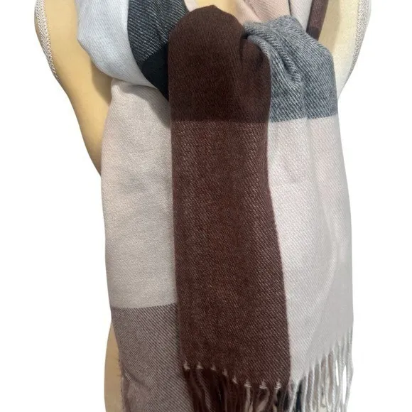 NEW Pashmina Neutral Colored Checkered Fringe 100% Cashmere Scarf Size 27x64 - Image 9