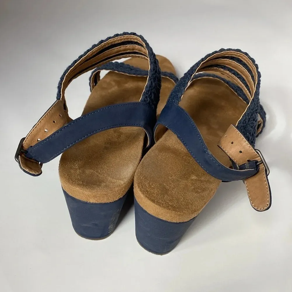 Lucky Brand Crochet Wedge Sandals Navy Blue Leather Woven Crochet Size‎ 8.5 - Image 5