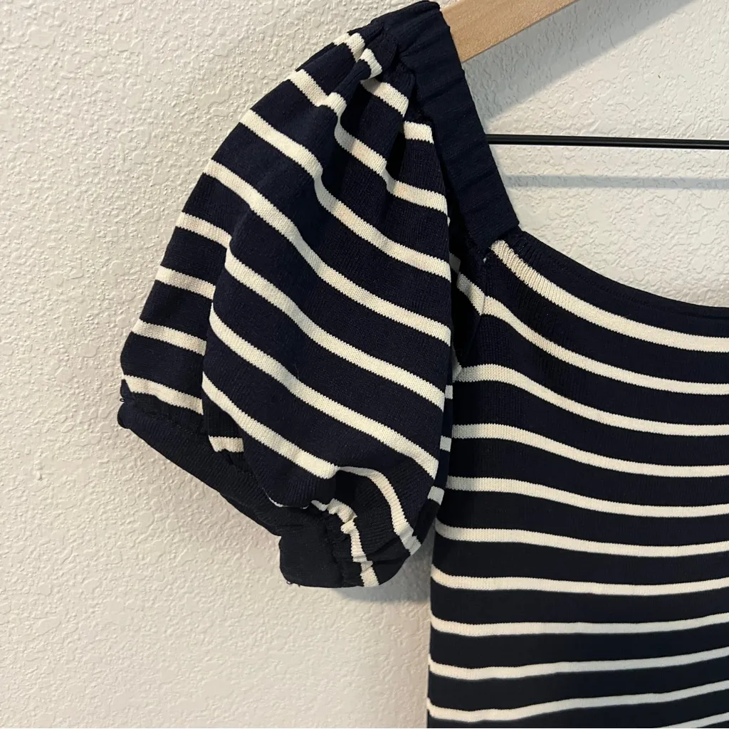 Zara Navy & White Striped Stretch Knit Puff Sleeve Fit & Flare Mini Dress Size M - Image 2