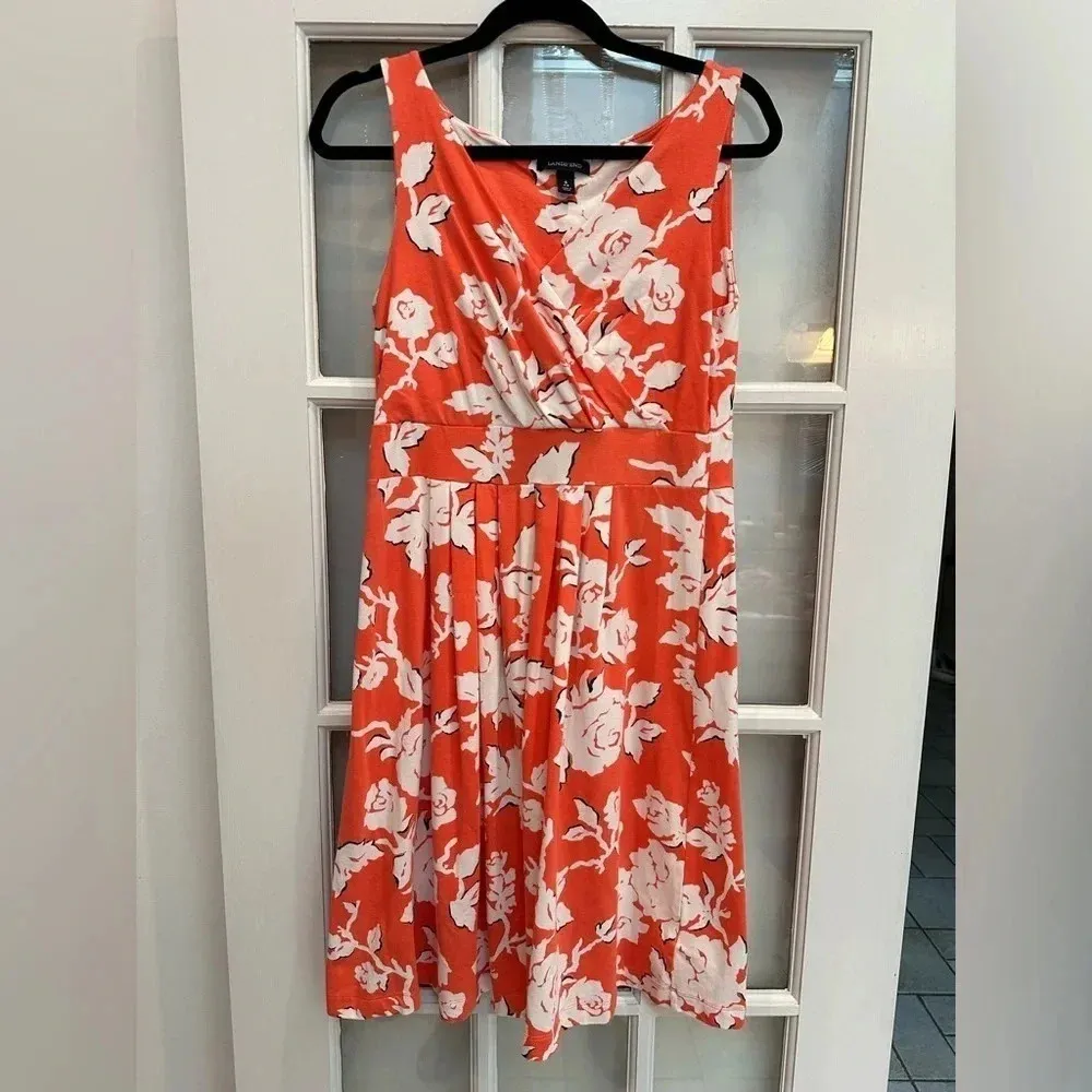 Lands’ End Floral Tropical Print Dress Size S Small 6 8 Orange & White Roses - Image 9