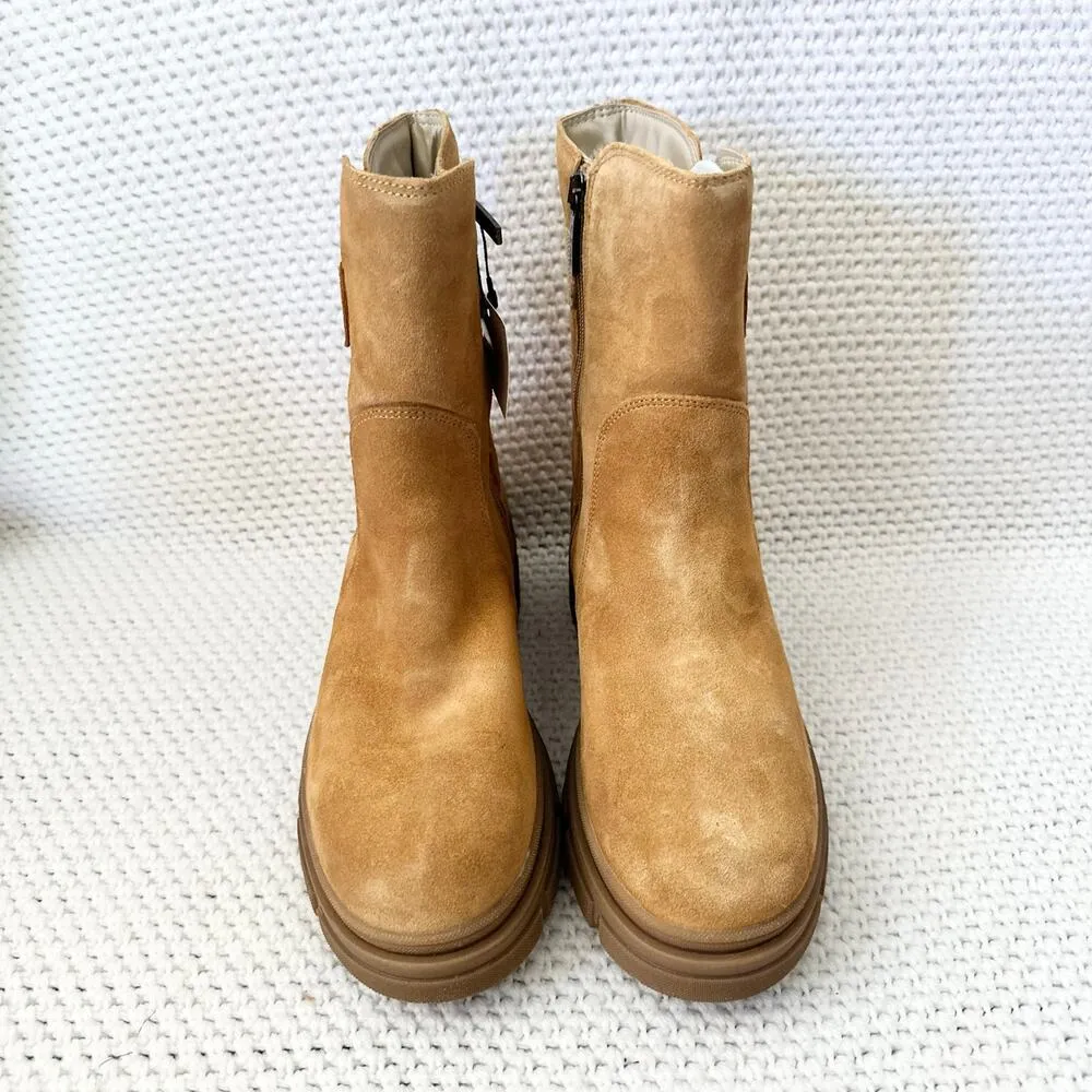 Tamaris NIB Camel Suede Miegan Double Buckle Side Lug Sole Combat Boots 38 7.5 Tan - Image 10