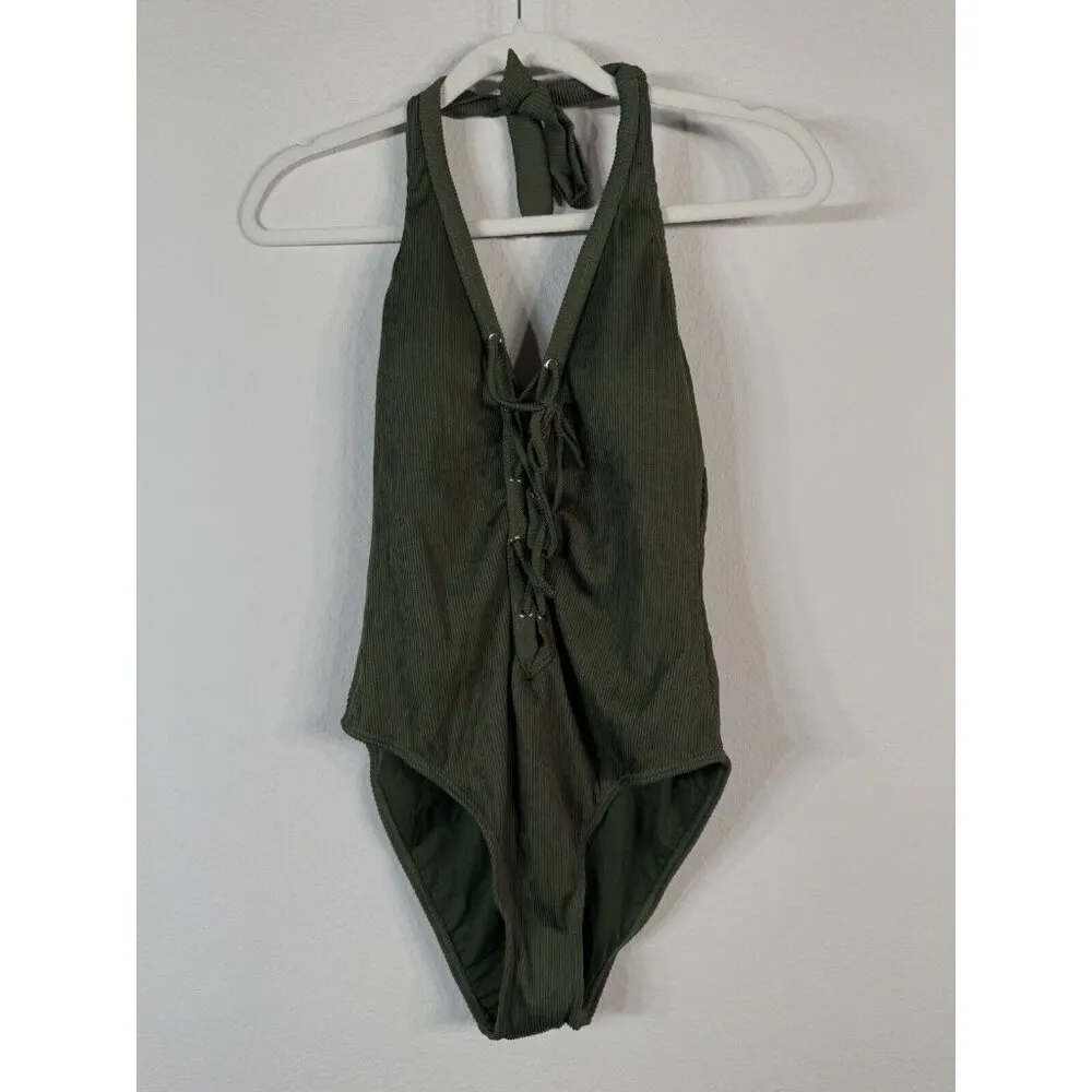 Miss Lola Women’s Olive Green Lace up Halter One Piece Swimsuit Size Large Beach - Image 2