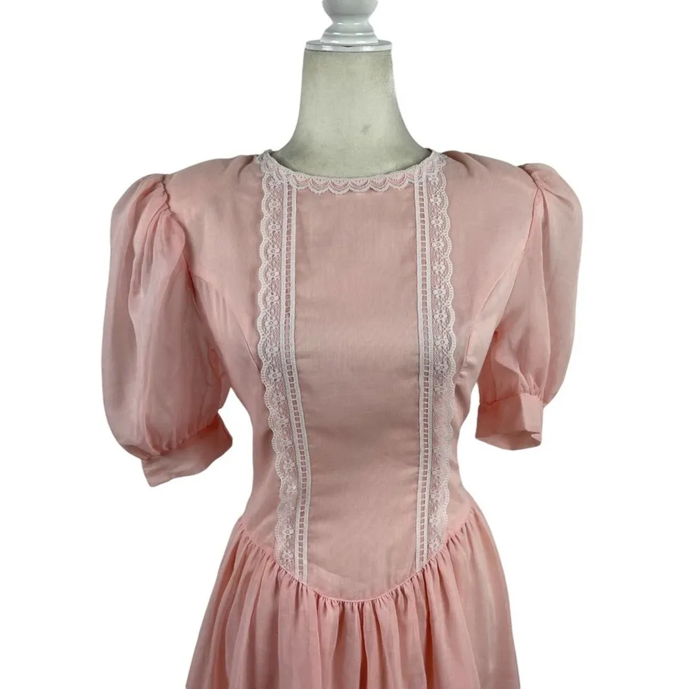 VTG Gunne Sax Midi Victorian Dress 1980s Cottagecore Prairie Lace Trim Pink - Image 5
