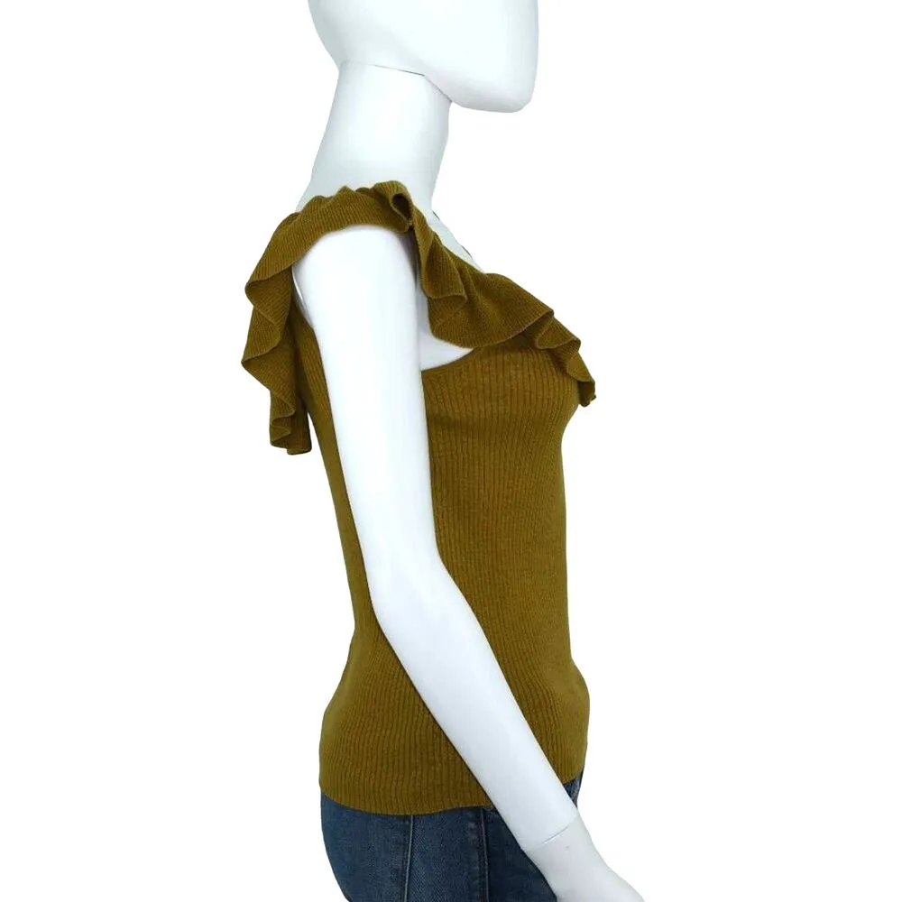 Madewell Women's Olive Green Ruffled Scoop Neck Sleeveless Sweater Size Small - Image 4