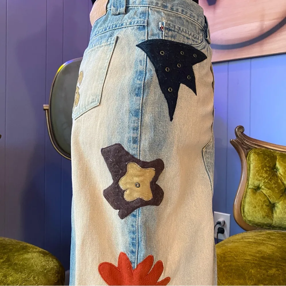 Vintage 90s/Y2K RARE Road Cat Suede And Felt Patchwork Maxi Denim Skirt Size M Size M - Image 6