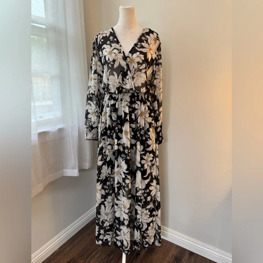Kate and Lily Black, White & Yellow Floral Print Sheer Long Sleeve Maxi Dress Black Size 14 - Image 2