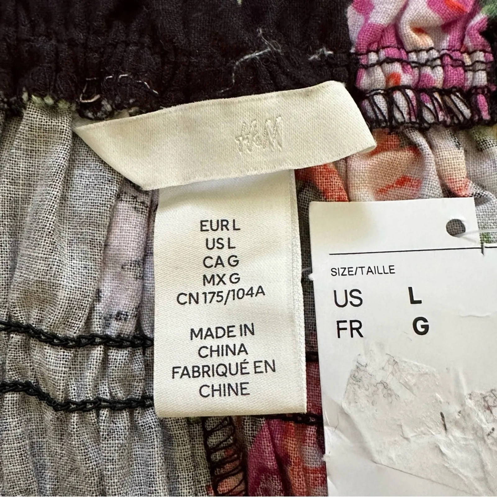 H&M Dress Black Pink Orange Floral Smocked Off Shoulder Puff Sleeve Large NEW - Image 4