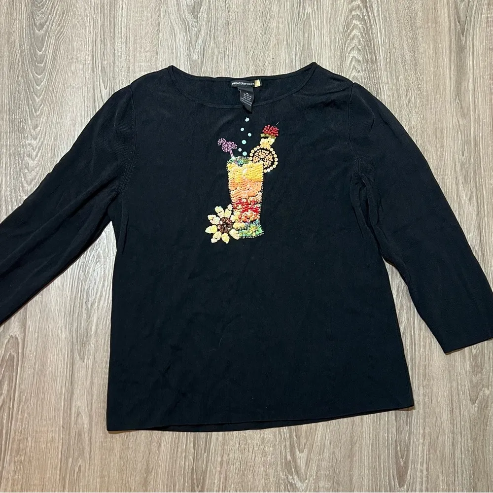 Sweaterworks Shirt Womens Sz XL Black Embellished Beaded Cocktail Vacation Party - Image 8