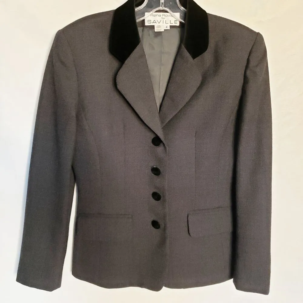 Rena Rowan Saville Wool Blazer Size 4 Velvet Collar Gray 4 Button Hour Glass - Image 3