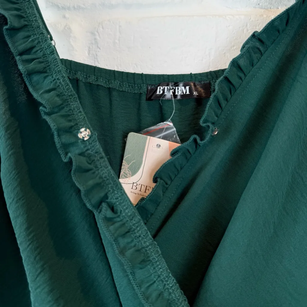 BTFBM Green Strappy Jumpsuit Smocked Waist Romper Ruffle Trim Playsuit XL - Image 7