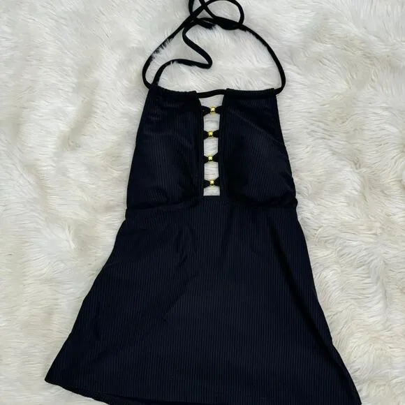 SALT + COVE Women's Black Beaded‎ Ribbed Halter Tankini Swimsuit Top XS NWT - Image 4