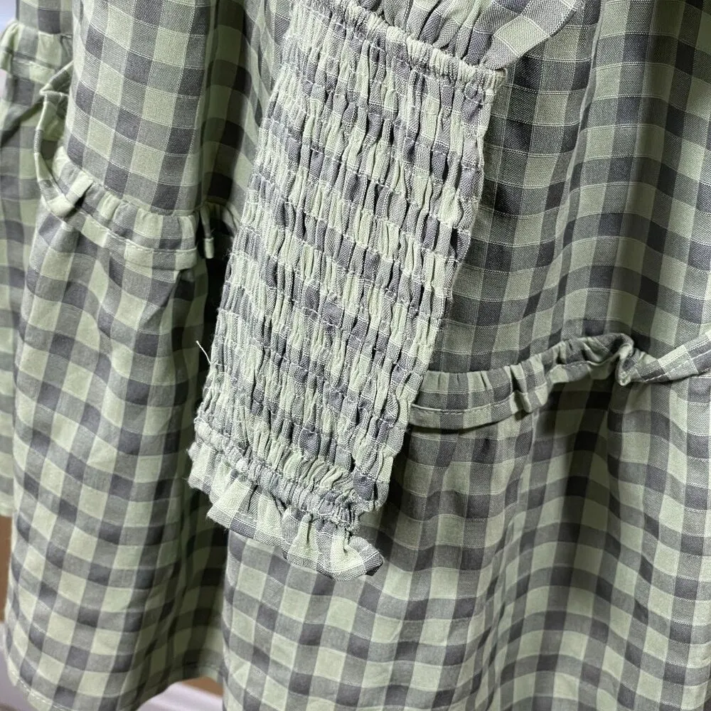 &Merci Tiered Tunic Dress Green Gingham Ruffle V-Neck Size S Small - Image 6