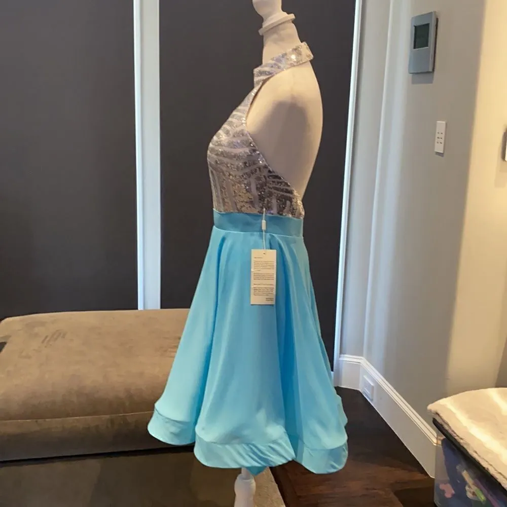 Women’s Halter Neck Silver Sequined Short Prom Party Dress NWT 6 Blue - Image 3