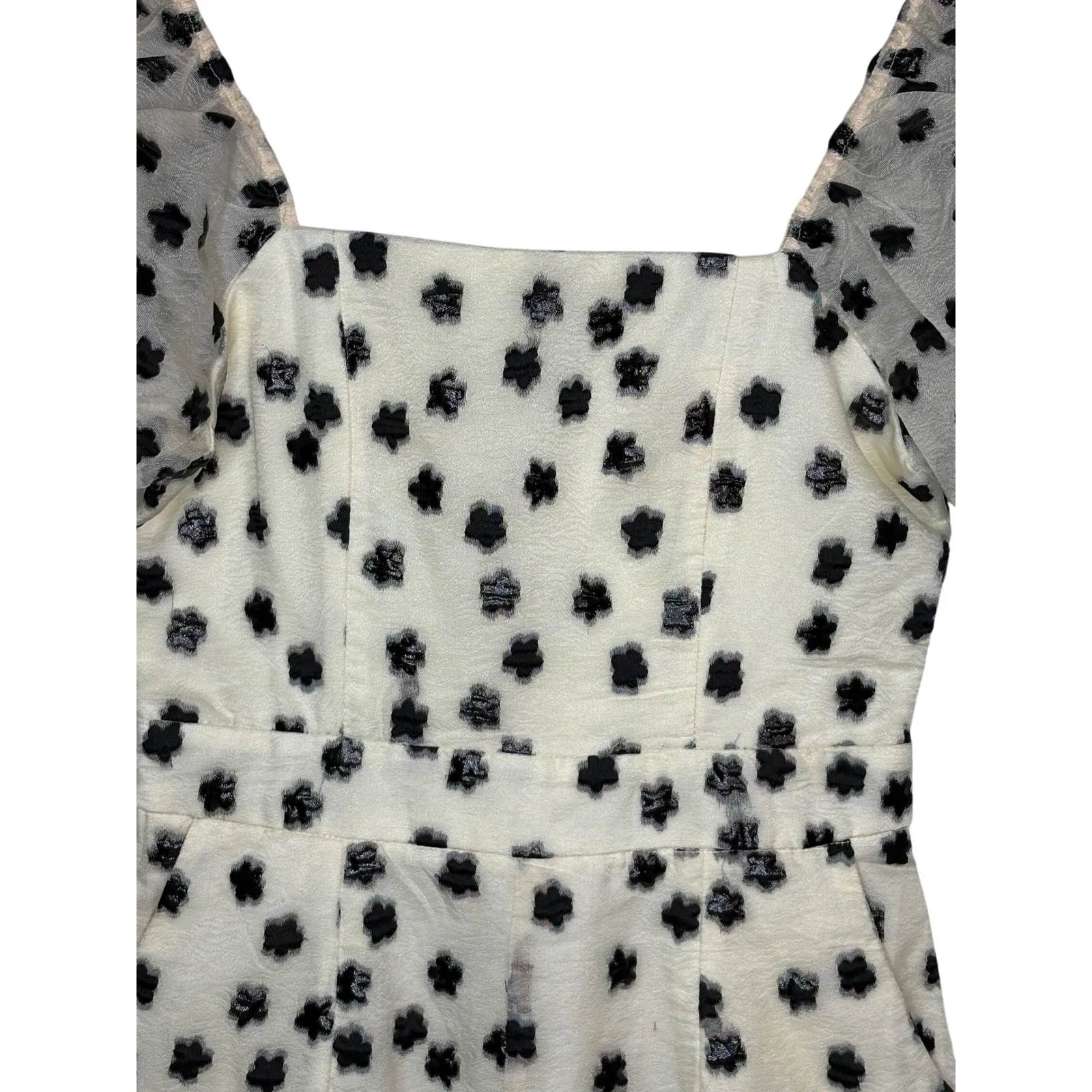 TCEC Cream Black Floral Puff Sleeve Romper 3D Flower Organza Coquette Size Small - Image 5