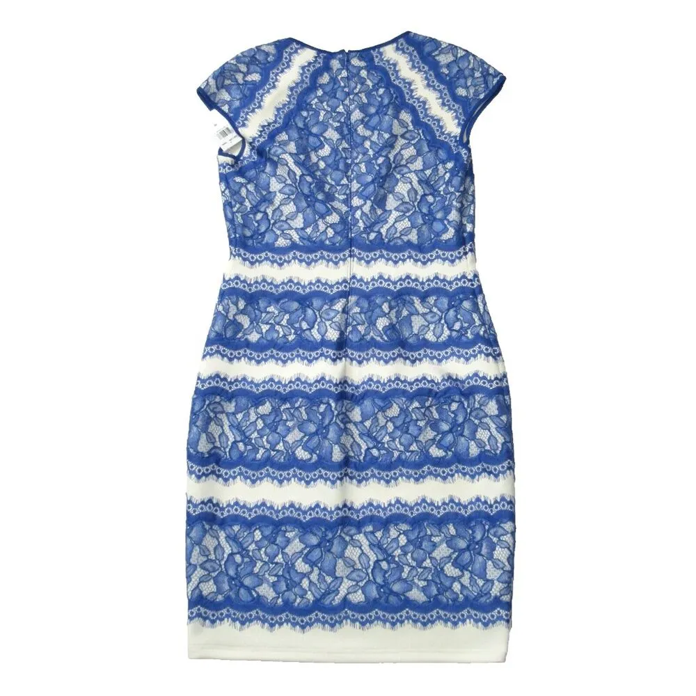 NWT TADASHI SHOJI Neoprene & Lace Cap Sleeve Sheath in China Blue Snow Dress 10 - Image 3