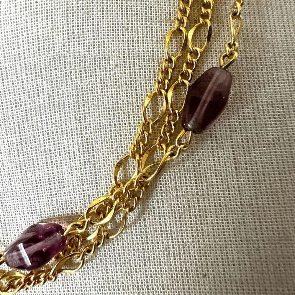 Vintage B.C. Lind 14K GE purple beaded triple strand Necklace Gold - Image 2