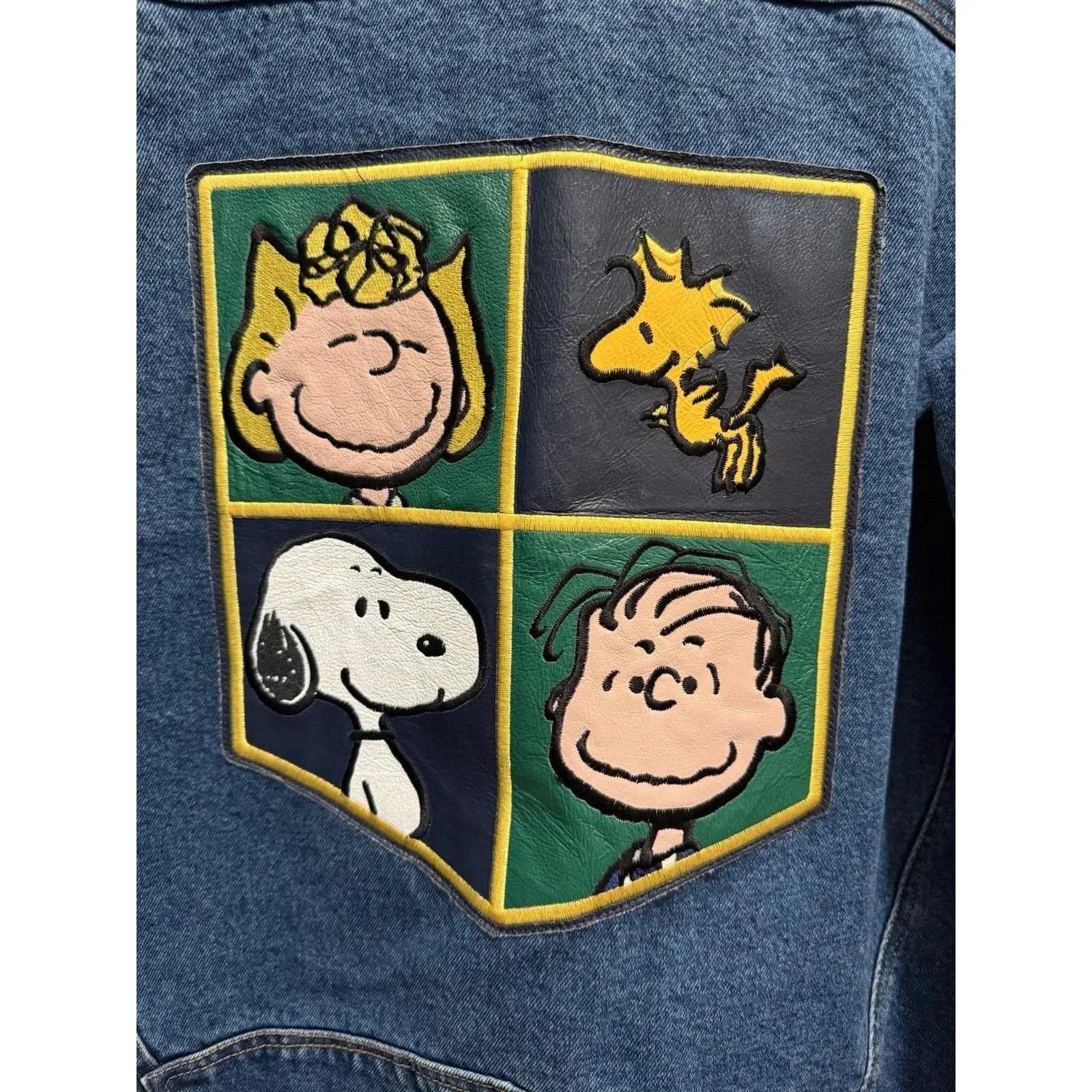 American Toons By Excelled VTG Peanuts Vintage Denim Jacket XL Leather Patch Blue - Image 4