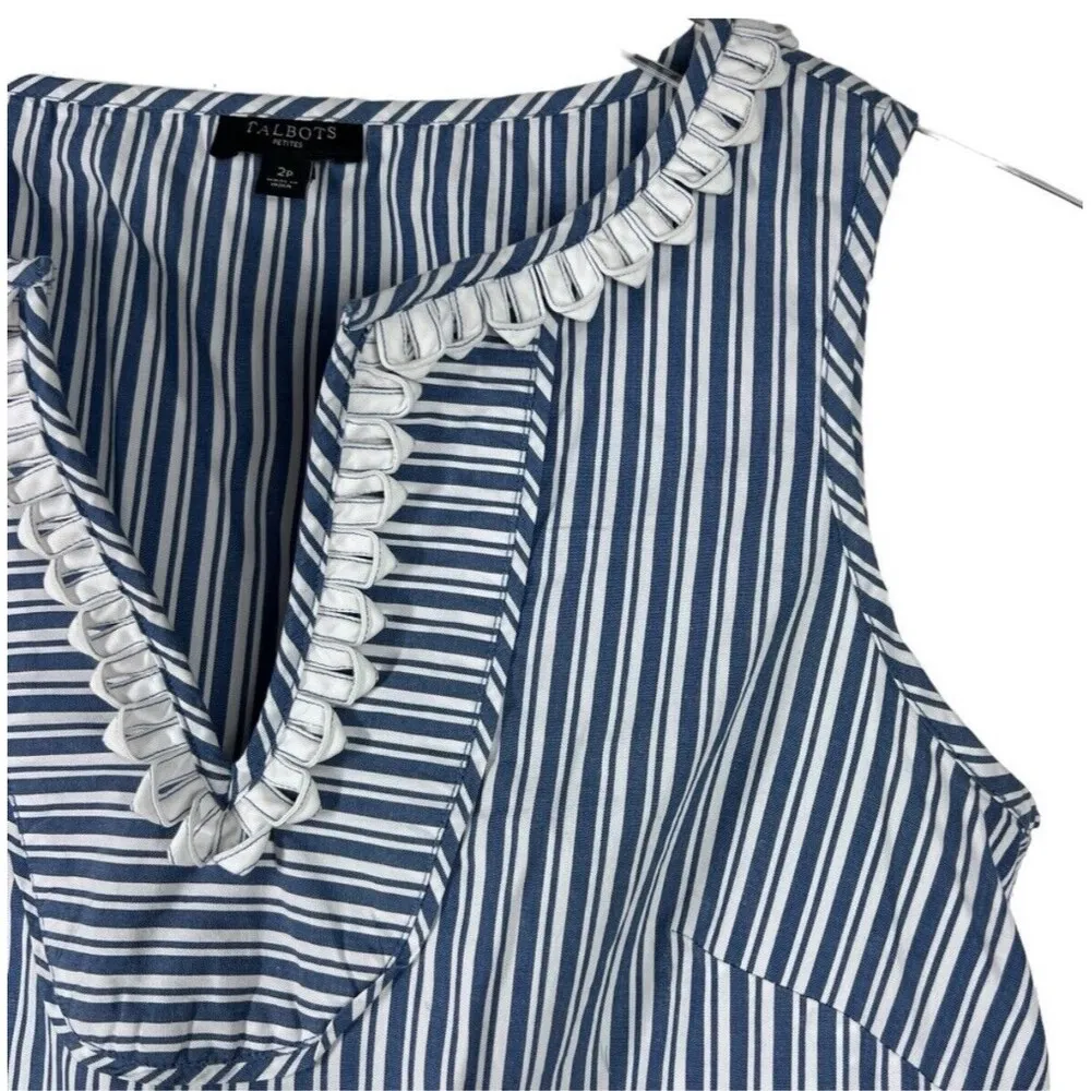 TALBOTS SLEEVELESS Blue & White Tank TOP SIZE 2 Stripes Cotton Blend Tunic GH - Image 6