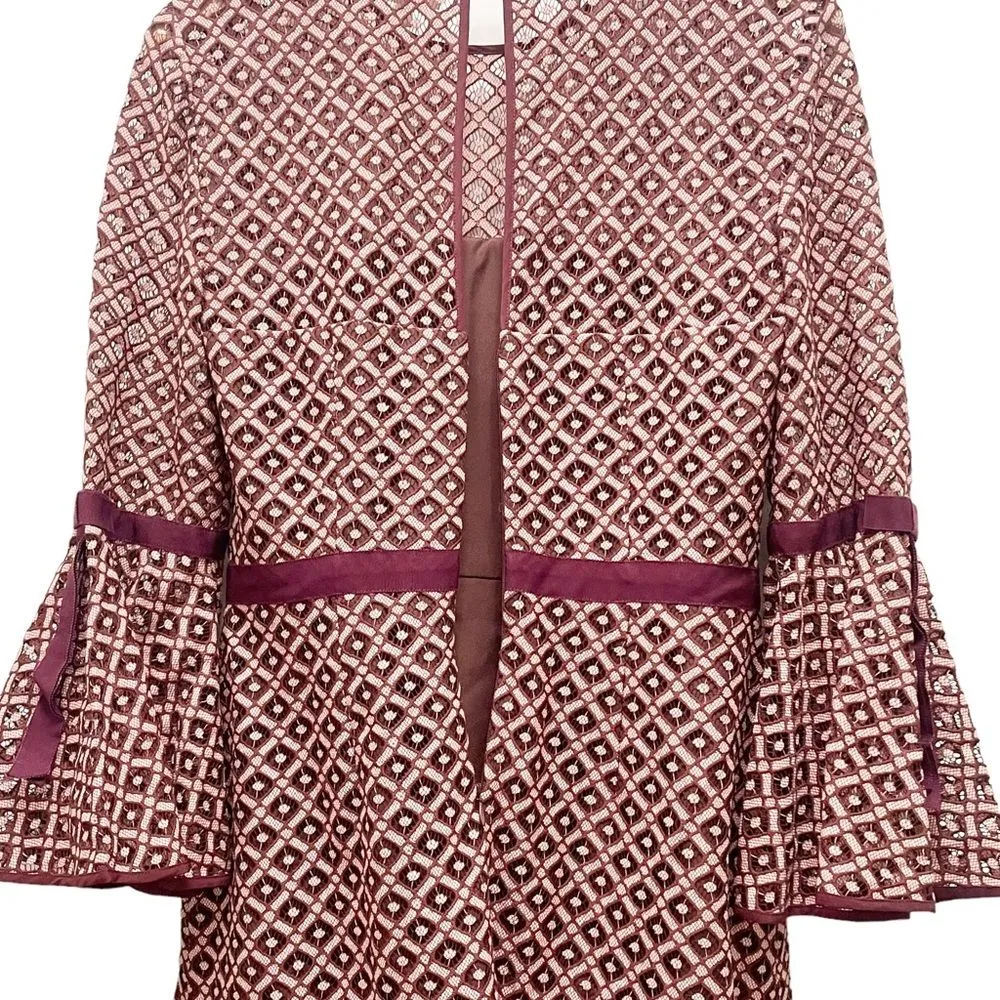 Cinq a Sept Cosette Dress Bell Sleeve Mulberry Pink Lace Overlay Babydoll Size 8 Red - Image 8