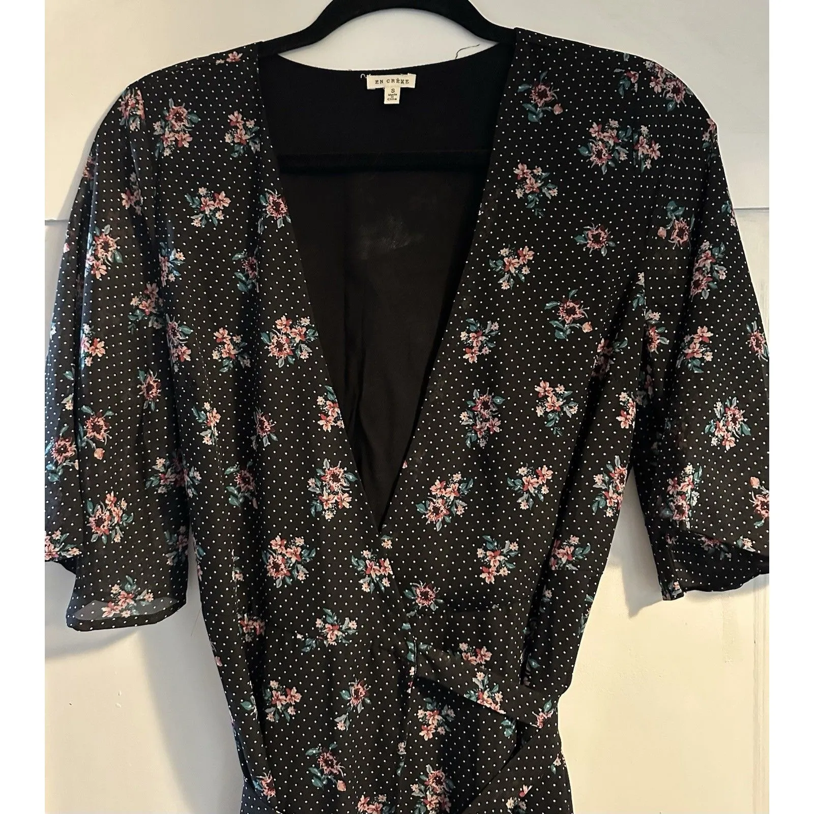 En Creme Women’s Black Floral Maxi Wrap Around Dress Plunge Neckline Sz S - Image 3