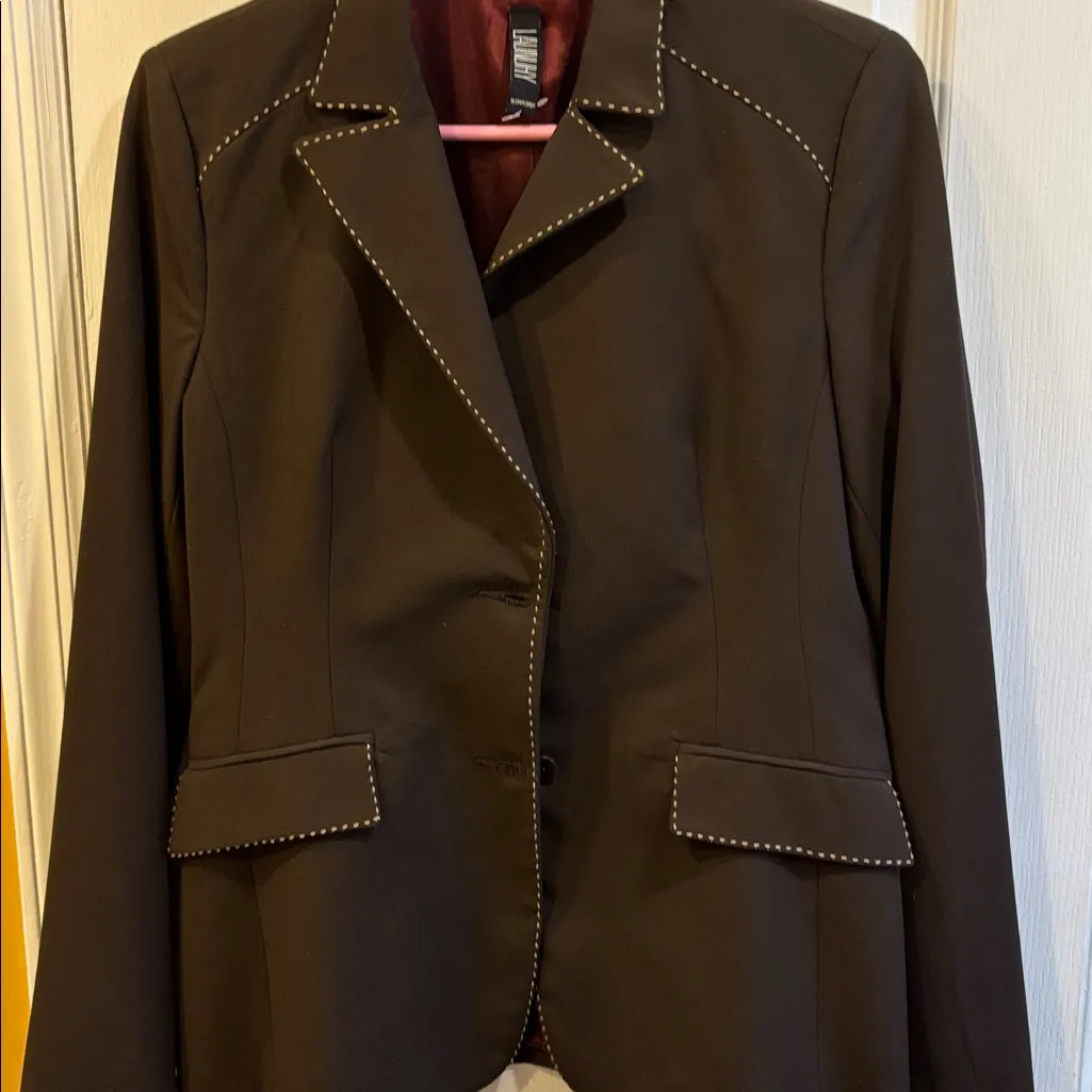 LAUNDRY BY SHELLI SEGAL BROWN JACKET TAN PIPING AROUND SEAMS/POCKETS/NECKLINE - Image 4