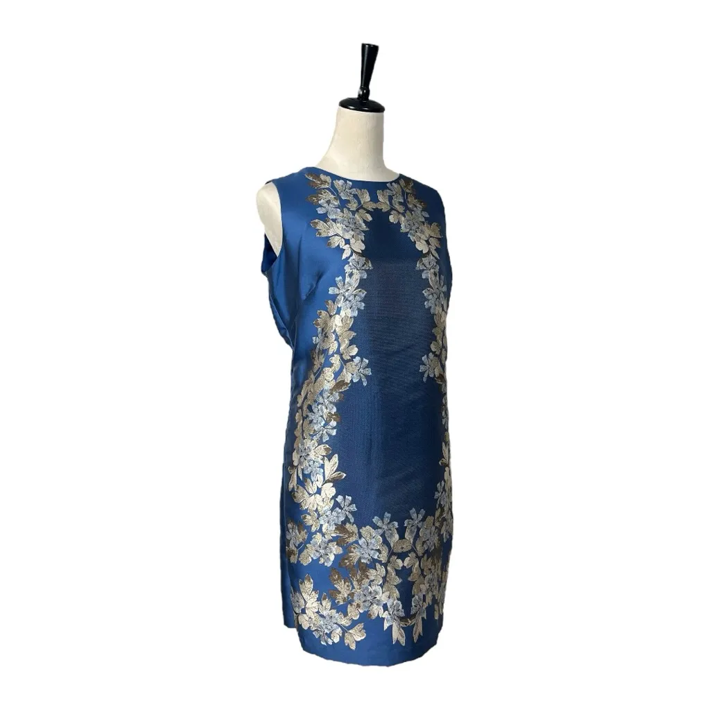 Classic Sheath Dress Sleeveless Blue Gold Silver Metallic Floral Women’s Size 12 - Image 2