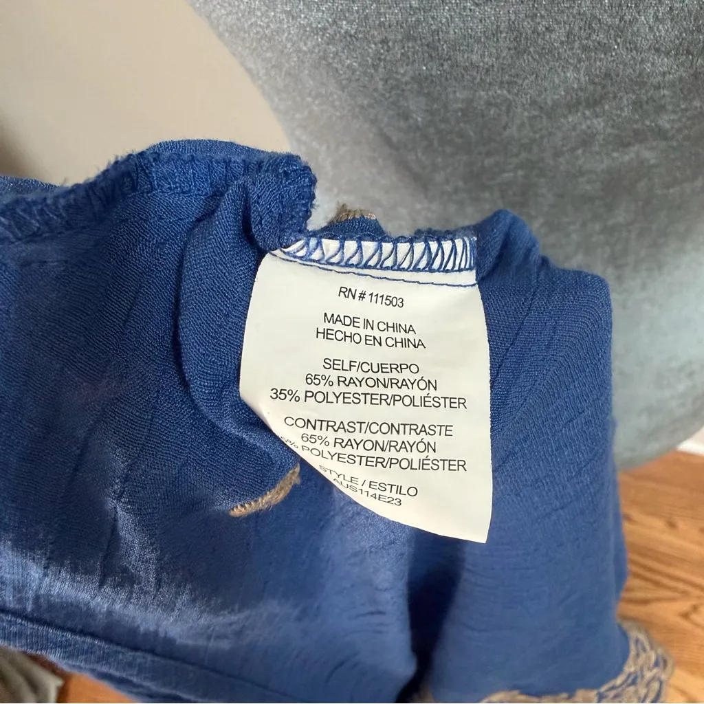 Figueroa & Flower Med Blouse Embroidered Faux Wrap Royal Blue Side Tie Crinkled - Image 7