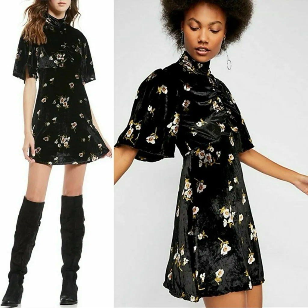 Free People Be My Baby Velvet Floral Print High Neck Mini Dress Black Size 0 - Image 2
