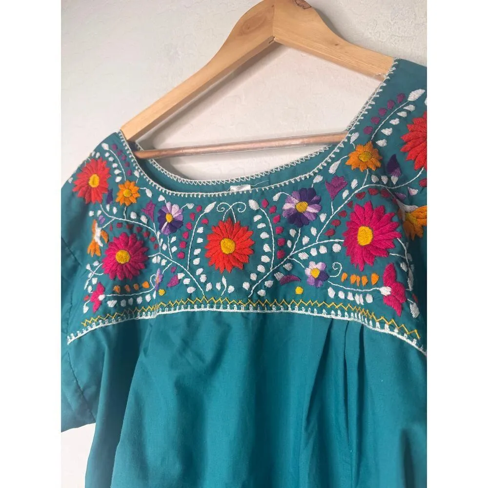 Liliana Cruz Mexico Women Embroidery Size Large Black Casual Tunic Top Shirt Green - Image 3