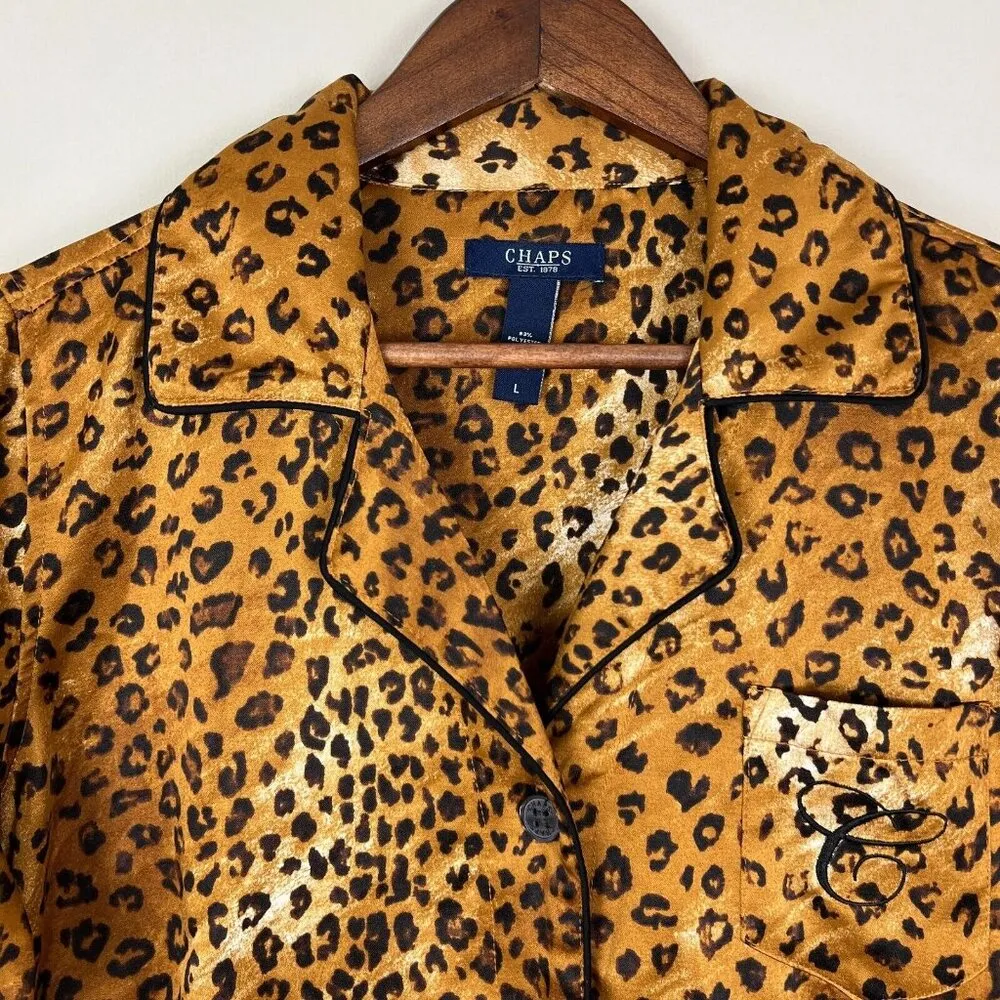 Chaps Pajama Set Womens Large Leopard Embroidered Pocket 2 Piece PJs Shirt Pants - Image 2