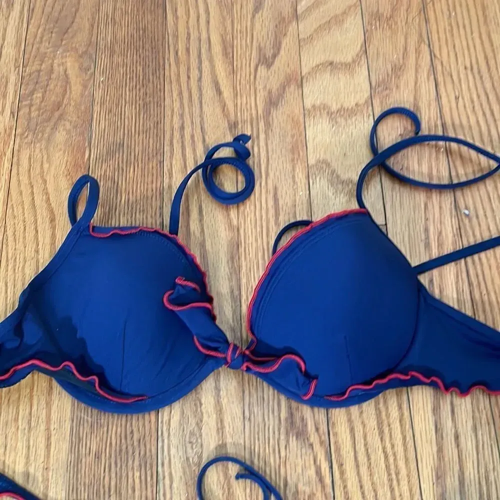 Lands End Bikini Swimsuit Blue‎ Red Ruffle size Small - Image 2
