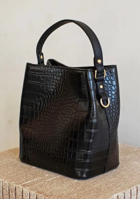 AOTA | Croc Embossed Top Handle Bucket Bag W/ Crossbody | $188 | NWT Black - Image 1
