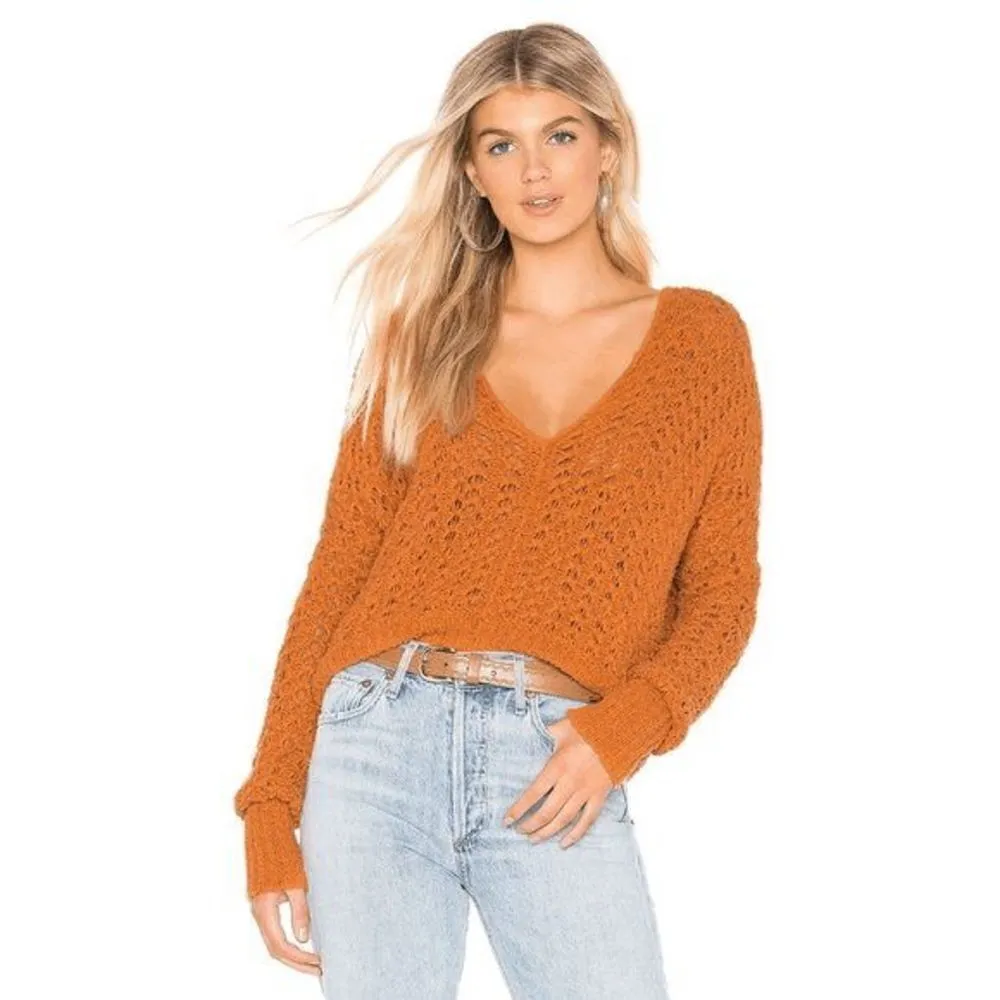 Free People Best Of You Sunset Orange Open Knit V Neck Sweater Medium - Image 8