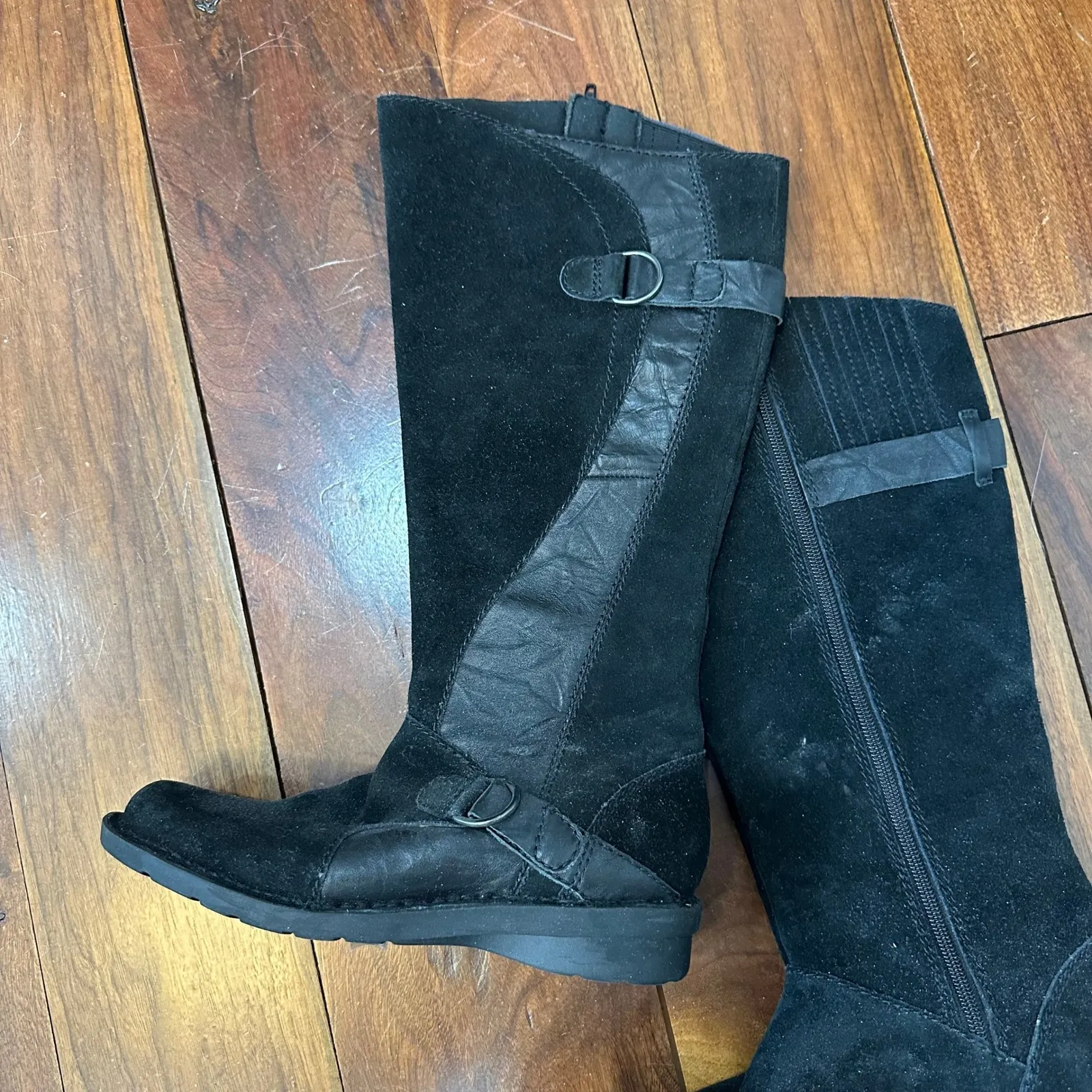 Clarks Womens Boots Knee High 7 Black Leather Riding Buckle Suede Wedge Comfort - Image 3