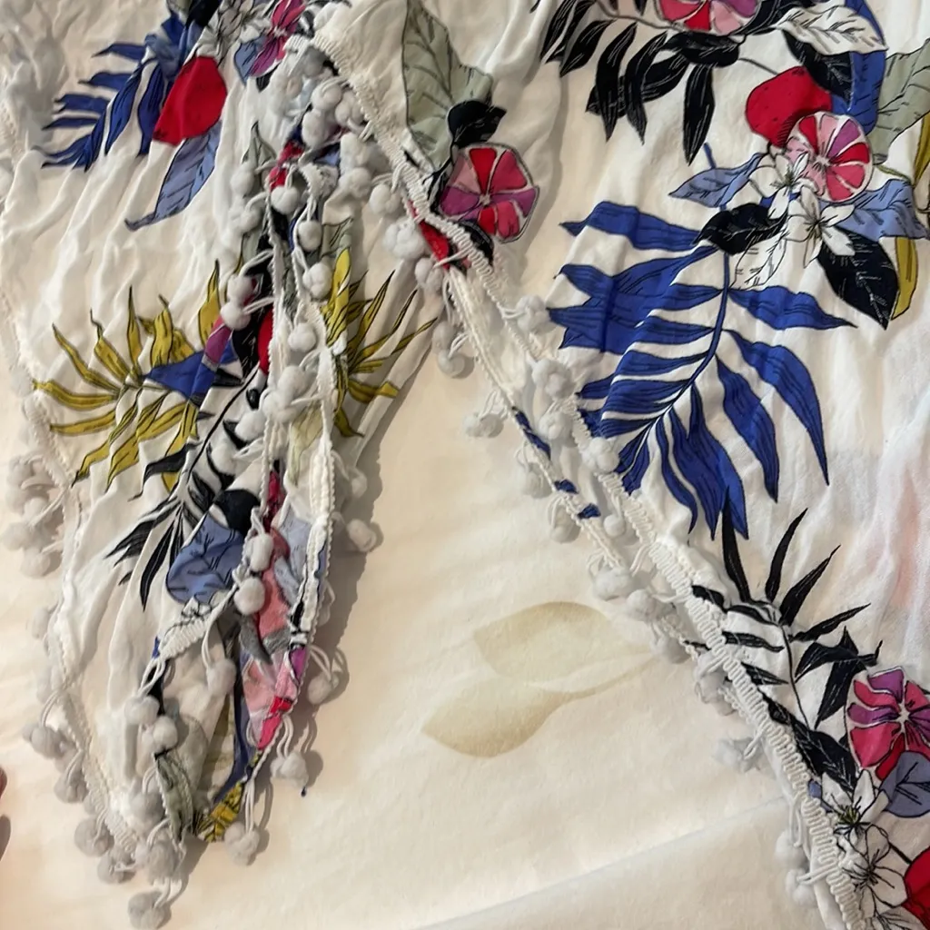 Women small Boho flower leaves slip on white dress with Pom Poms hem soft - Image 5